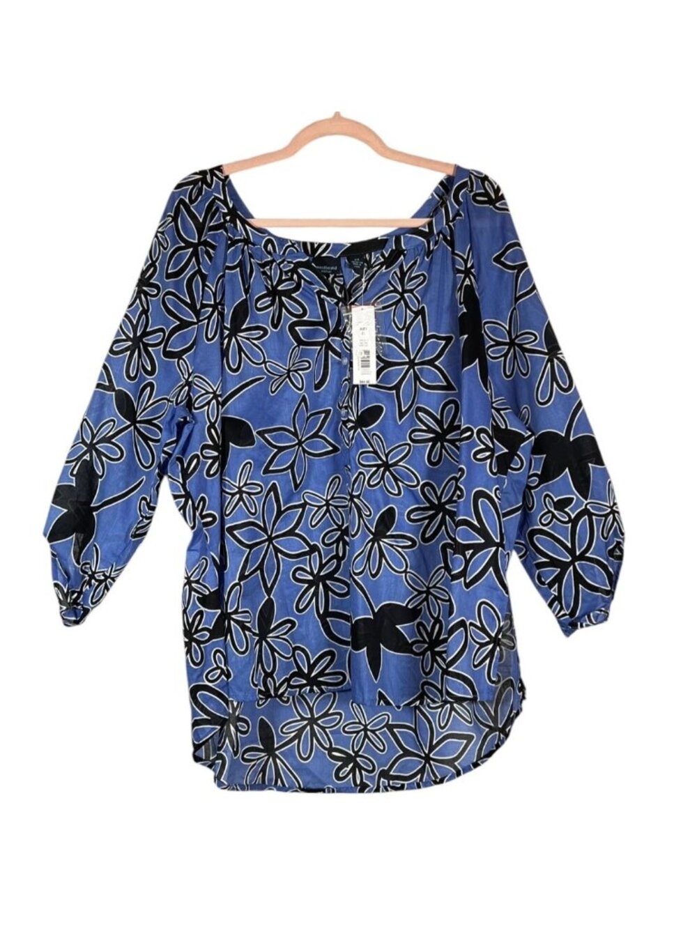 Westbound Woman 2X Blue Black Floral Cotton Blouse NWT $44.00